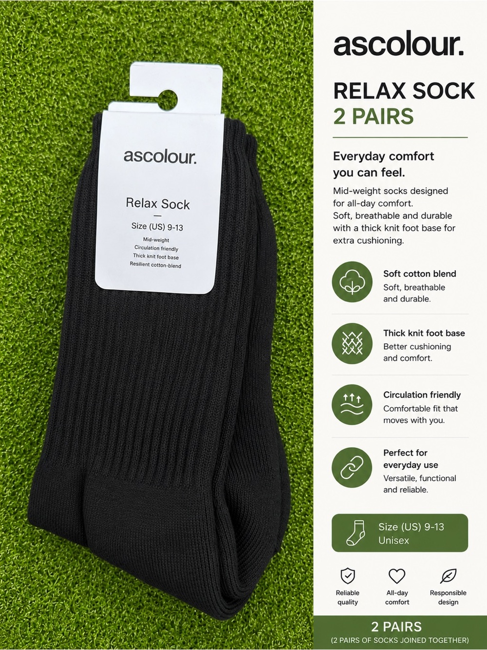 AS Colour Relax Socks – 2 Pairs – Black – Size US 9-13